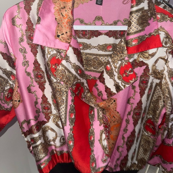 Parisian Works Tops - Pink & Red Baroque Print Satin Blouse bodysuit